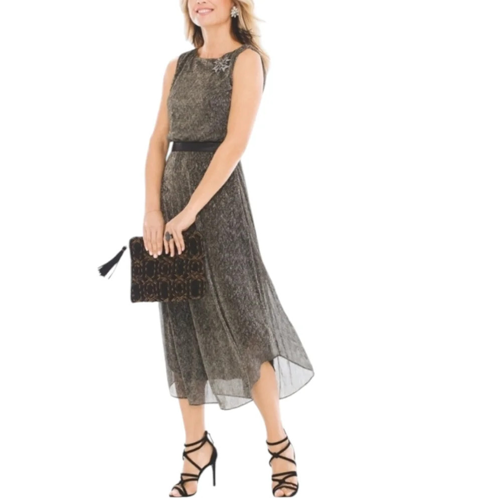 NEW Chico's Pleated Split back metallic gold tone shimmer Midi Dress - Picture 12 of 12